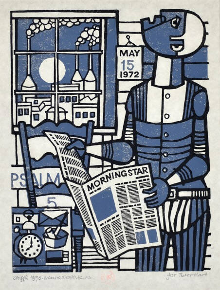 Black, white, and blue abstract print of a person looking up, holding a newspaper. Industrial scene out the window next to the person.